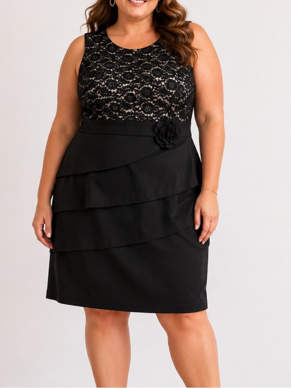 Connected Woman Black Lace Cocktail Dress 24W Tiered Rosette Plus Size Formal